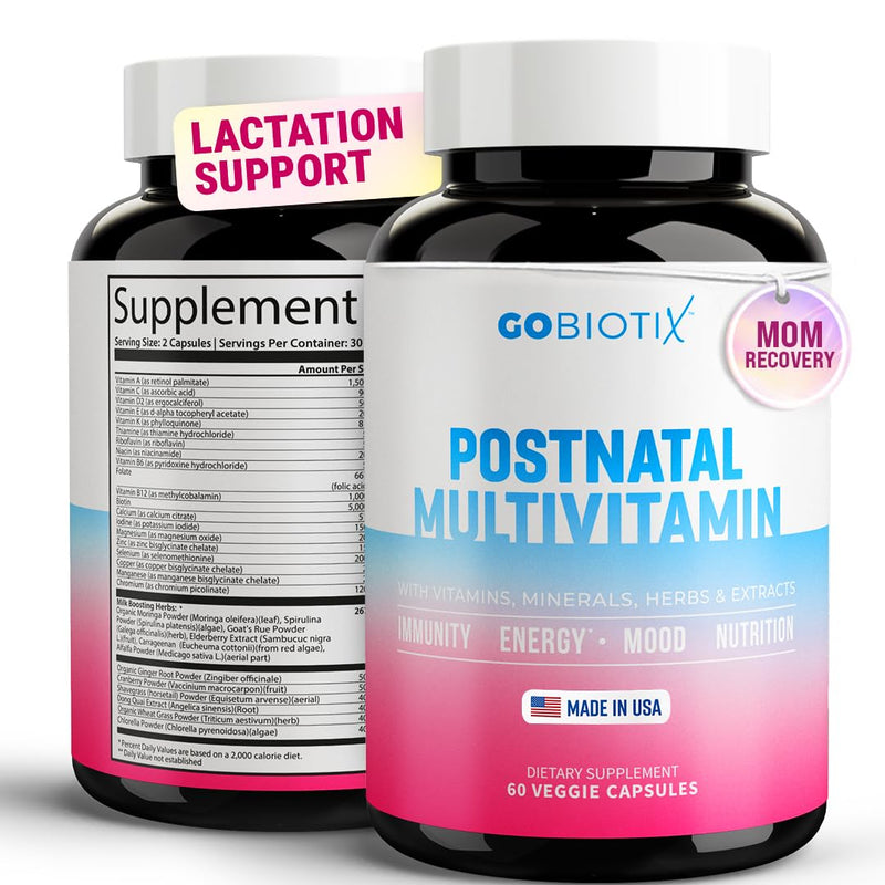 GOBIOTIX Postpartum Vitamins for Breastfeeding Moms - Postnatal Lactation Supplement with Organic Herbs, Minerals, Nutrients for New Mothers and Baby - Postpartum Essentials, Non GMO, Vegan, 60 Caps Postnatal Vitamins
