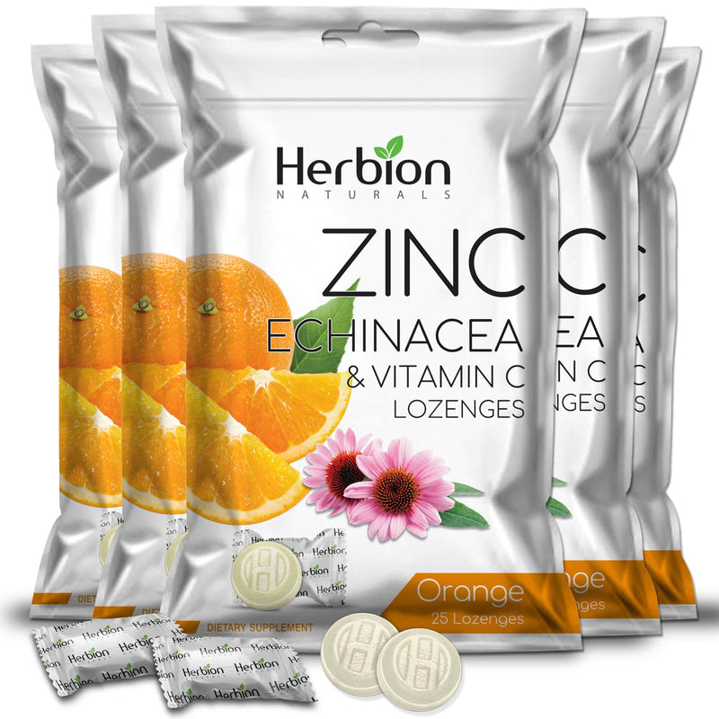 HERBION Naturals Zinc, Echinacea & Vitamin C Lozenges 25 CT, Dietary Supplement for Adults & Children 5+, Promotes Wellness for the Whole Family, 125 Count, Orange, Pack of 5 125 Count (Pack of 5)