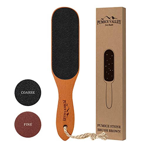 Pumice Stone Foot File - Wooden Pedicure Feet Scrubber with Handle for Callus, Dry, and Dead Skin Removal - Heel Scraper for Feet, Hands, and Body - Foot Filer for Use in Shower Brown 1 Count (Pack of 1)