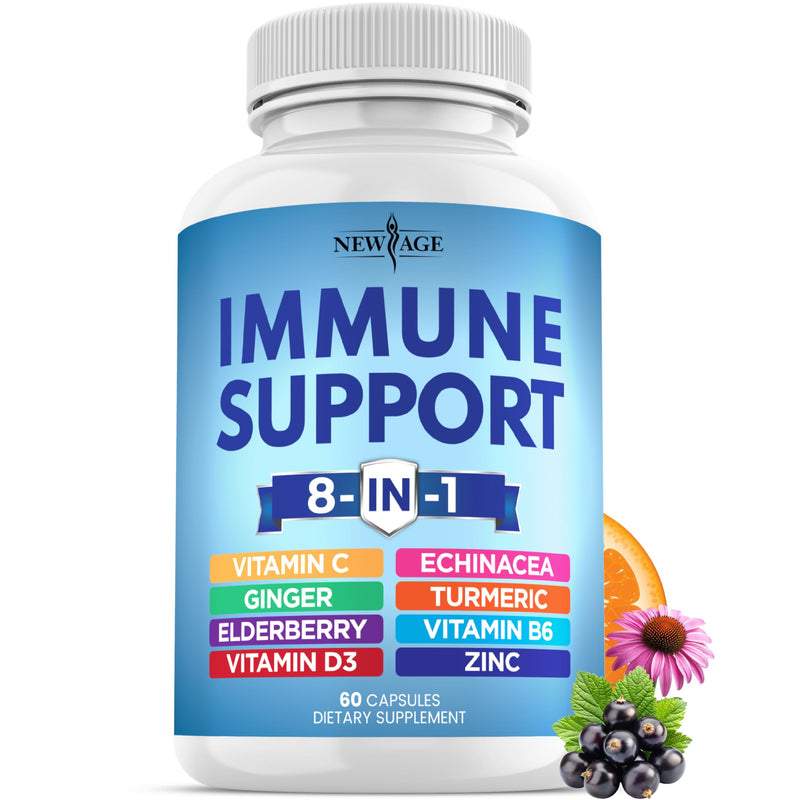 NEW AGE 8 in 1 Immune Support Booster Supplement with Echinacea, Vitamin C and Zinc 50mg, Vitamin D 5000 IU, Turmeric Curcumin & Ginger, B6, Elderberry 60 Count (Pack of 1) 60 Capsules (Pack of 1)