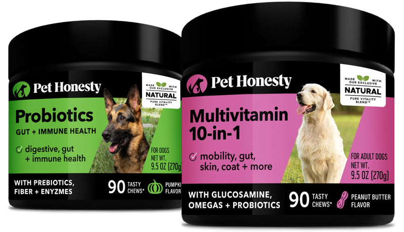 PetHonesty Digestive Probiotics for Dogs + 10 in 1 Multivitamin Soft Chew Supplement Bundle - Dog Vitamins - Probiotics, Pumpkin, Digestive Enzyme for Dogs, Dog Vitamins for Overall Health - PawsPlanet Australia