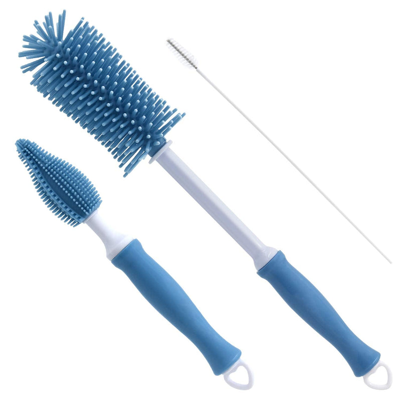 Silicone Bottle Cleaning Brush, 12" Long Handle Water Bottles Cleaner for Baby Bottles, Sports Bottle, Vase, Glassware, and Smaller Diameter Bottle Openings Set of 3 - Blue - BeesActive Australia