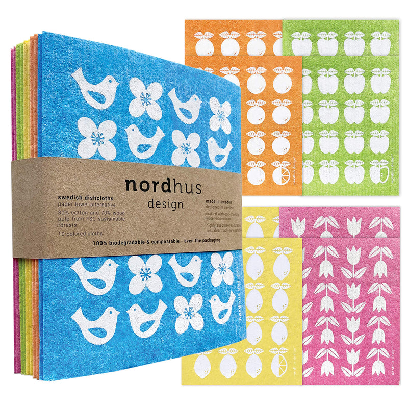 Nordhus Design Swedish Dishcloths - Original Reusable Swedish Dishcloths Replace Paper Towels, Sponges and Dish Rags - Eco Friendly, Biodegradable, Absorbent and Quick Drying Cellulose Cloths Fruits & Florals - BeesActive Australia
