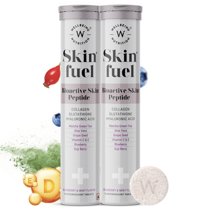 WELLBEING NUTRITION Skin Fuel with Collagen, L-Glutathione, Hyaluronic Acid, Matcha Green Tea, Aloe Vera, Grape Seed, Vitamin C, E - 30 Effervescent Tablets