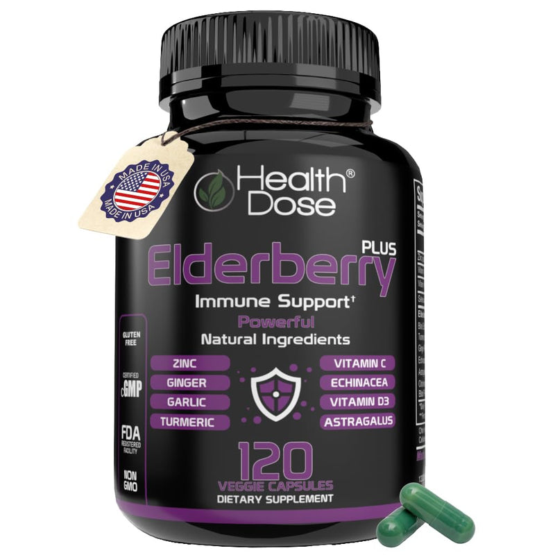 Health Dose Elderberry Plus Capsules – Immune Support Supplement with Vitamins C, D3, Zinc, Selenium & 11 Ingredients for Year-Round Wellness – 120 Veggie Capsules, 2-Month Supply 1