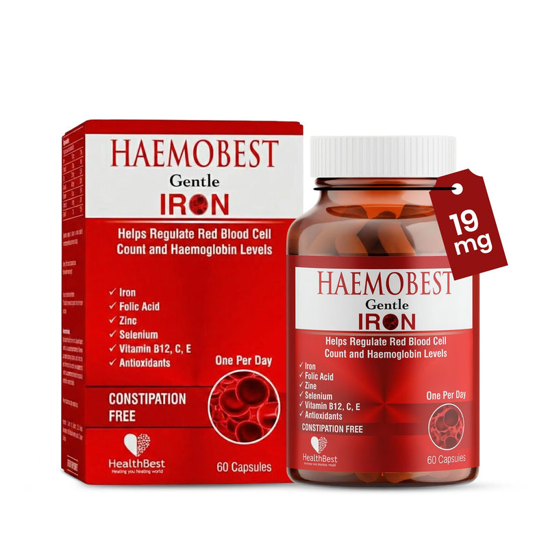 HealthBest High Potency Iron Capsules 19mg, Gentle, 60 Count | Faster Absorption, Non Constipating, Vitamin C, B12, Folate, Zinc & Selenium, Anemia, Hemoglobin & Immune Support, 60 Count Iron Capsule Haemobest