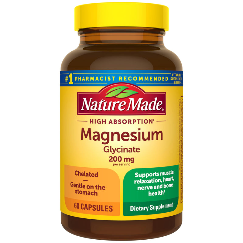 Nature Made Magnesium Glycinate 200 mg per Serving, 60 Capsules | High Absorption Magnesium Supplement for Muscle, Heart and Bone Support, Magnesium Bisglycinate Capsules, 30 Day Supply 60 Count (Pack of 1)