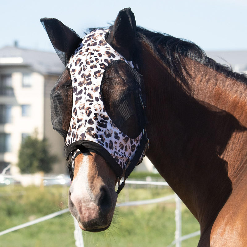 Harrison Howard Super Comfort Stretchy Fly Mask Large Eye Space with UV Protection Soft on Skin with Breathability Leopard Print Full Size Full(Large) - BeesActive Australia