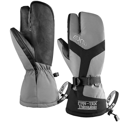 3-Finger Ski Gloves, Waterproof Warm Touchscreen Winter Mens Mittens Grey X-Large