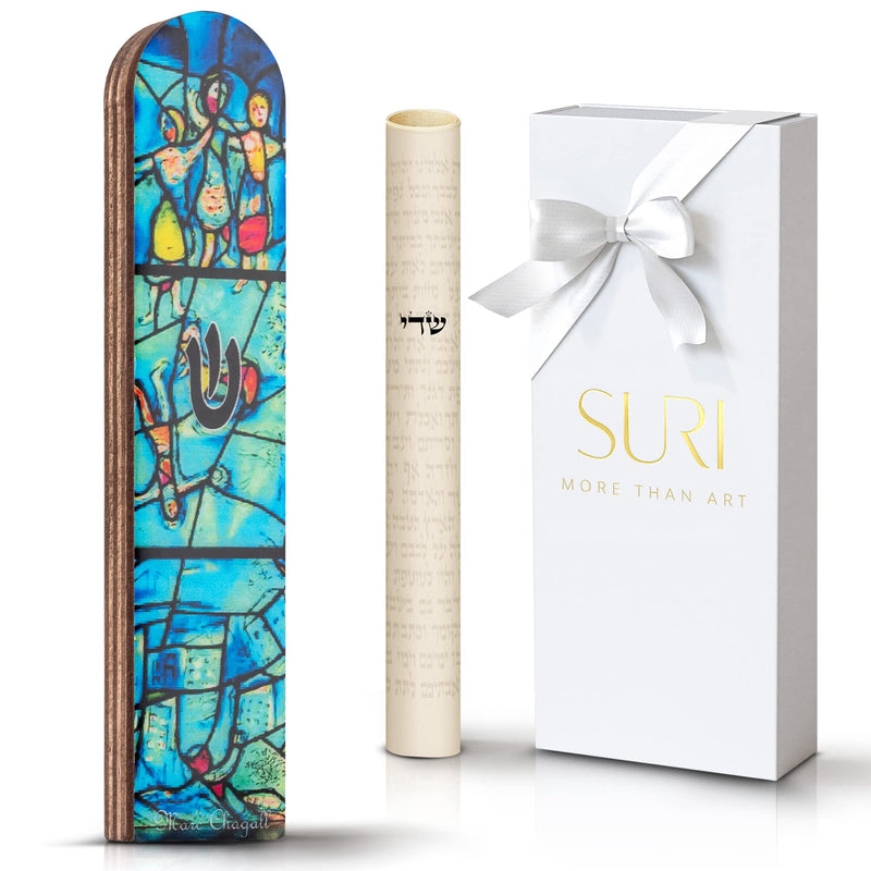 SURI Wooden Mezuzah for Door - Contemporary Mezuzah Case with Turquoise Chagall Design - 5" Mezuzah for Home Includes Mezuzah Adhesive for Easy Installation - Jewish Gift Box and a non-kosher Scroll - BeesActive Australia
