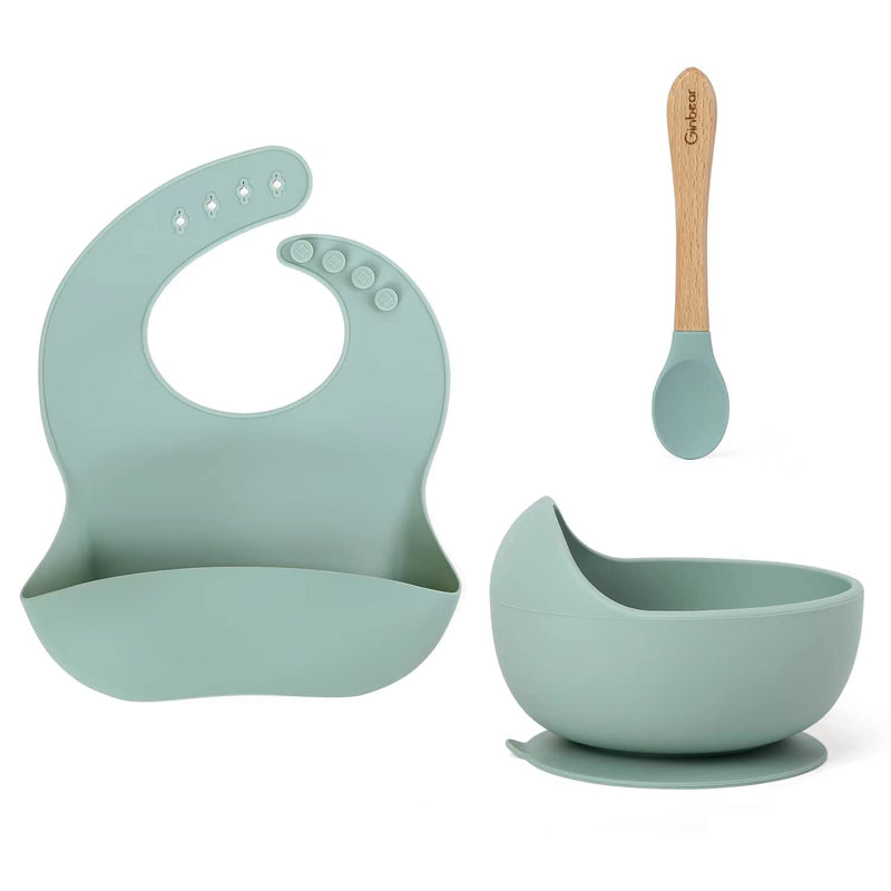 Ginbear Baby Bowls with Suction First Stage, Silicone Bibs, Baby Feeding Spoons, Baby Led Weaning Supplies for Ages 6 Months+ (Hazy Green) Hazy Green - BeesActive Australia