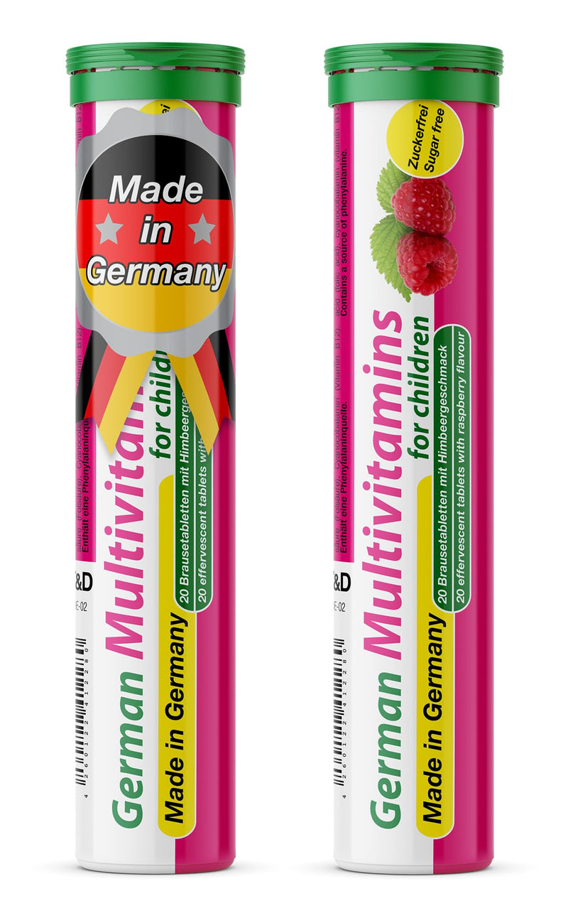 T&D German Multvitamin for Children 8 Vitamins - 40 Vegan Drink Effervescent Tablets - Raspberry Flavor - Made in Germany | Boost kids' health with potent, plant-based, fast-dissolving, immune-supporting effervescent multivitamins! 40 Servings