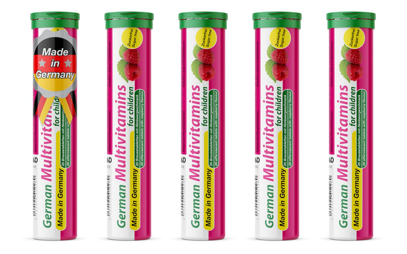 T&D German Multvitamin for Children 8 Vitamins - 100 Vegan Drink Effervescent Tablets - Raspberry Flavor - Made in Germany | Boost immunity & brain growth with our premium vegan tablets, crafted for optimal absorption and kid-friendly taste! 100 Servings