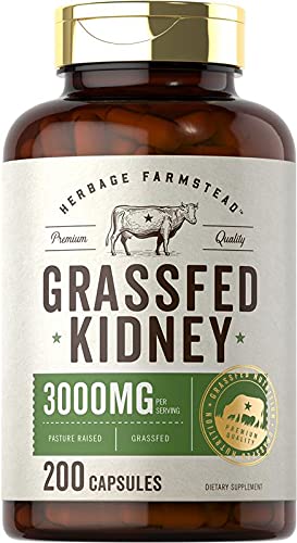 Carlyle Grass Fed Beef Kidney Supplement | 200 Capsules | 3000mg | Pasture Raised Desiccated Bovine Supplement | Hormone and Pesticide Free | Non-GMO, Gluten Free | by Herbage Farmstead 200 Count (Pack of 1)