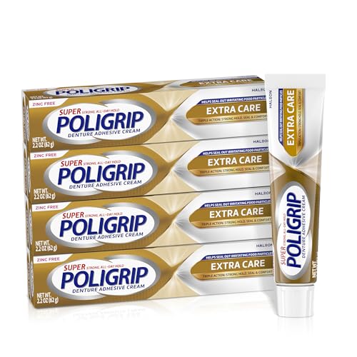 Poligrip Extra Care Denture Adhesive Cream, 2.2 oz (4 Pack) 2.2 Ounce (Pack of 4)