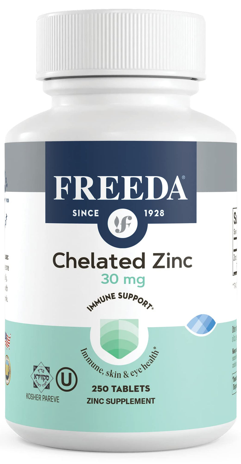 Freeda Chelated Zinc 30mg – TRAACS® Zinc Bisglycinate for High Absorption – Vegan, Kosher, Gentle on Stomach – Immune Support for Adults, Men & Women – 250 Tiny Tablets | For Adult Men & Women – High Absorption Formula – Antioxidant Support, Gentle on ...