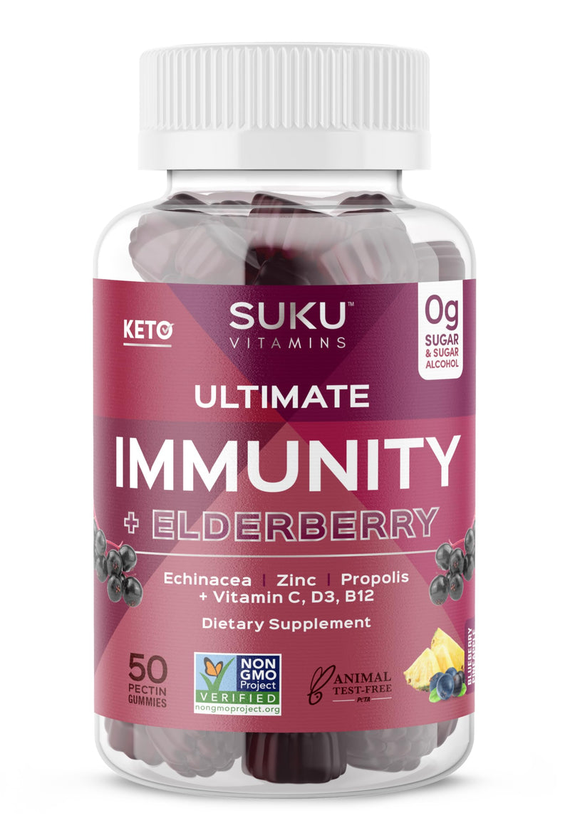 SUKU Vitamins - Ultimate Immunity - Elderberry Echinacea and Propolis Gummies for Immune Support, Easy to Chew - Non GMO, Gluten Sugar Free - Pomegranate Lime Flavored Gummy Vitamins, 50 Count
