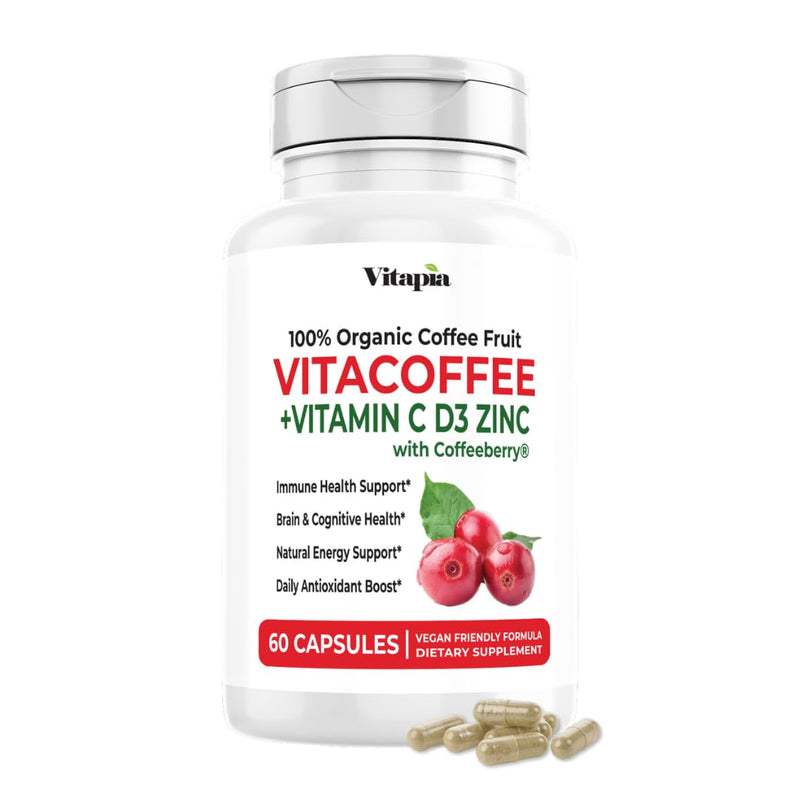 Vitacoffee Caffeine Pills - Coffee Fruit, Vitamin C, Vitamin D, Zinc Gluconate - Energy, Memory, Focus, Antioxidant, Skin Support - 60 Veggie Capsules - Non-GMO, Gluten-Free, Vegan Supplement 60 Count (Pack of 1)