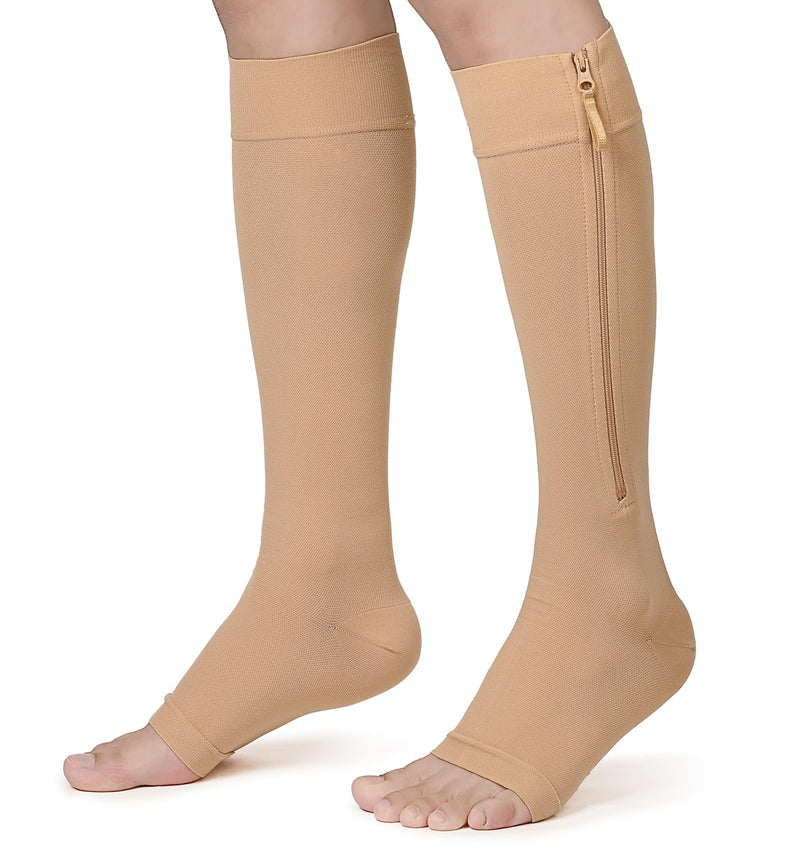 KEKING® Zipper Compression Socks for Men Women, Open Toe, 20-30mmHg Firm Support Knee High Zipper Compression Stockings for Wide Calf - Varicose Veins, DVT, Shin Splints, Edema, Nursing, Beige XXL XX-Large Open Toe Beige - BeesActive Australia