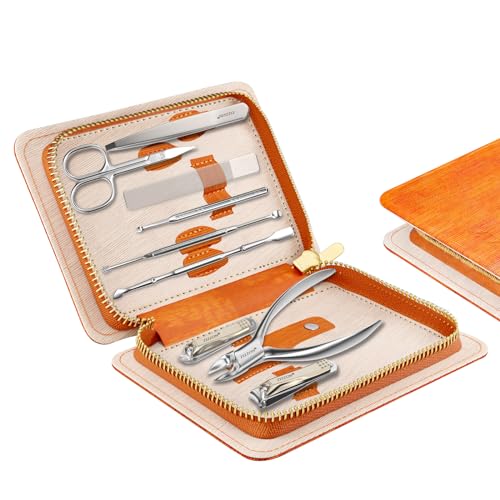 ZIZZON Manicure Set Professional Stainless Steel Toenail and Fingernail Clippers Set 9 in1 Pedicure and Grooming kit with Travel Case (Orange) Orange