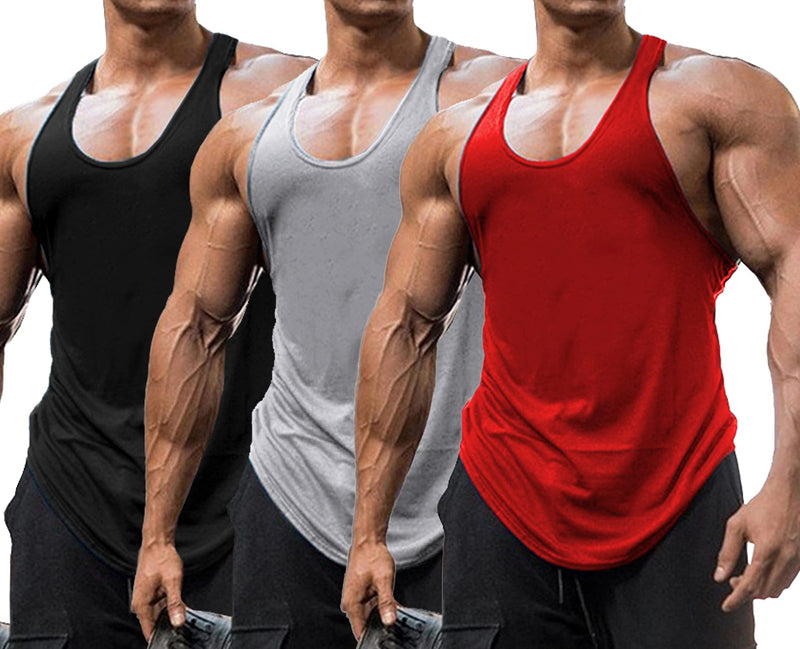 Babioboa Men's 3 Pack Gym Workout Tank Tops Y-Back Muscle Tee Stringer Bodybuilding Sleeveless T-Shirts X-Large Black/Grey/Red - 3 Pack - BeesActive Australia