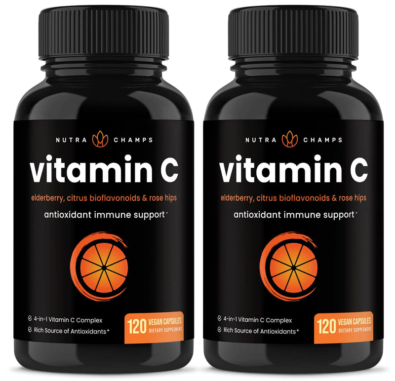 NutraChamps (2 Pack) Vitamin C with Elderberry, Citrus Bioflavonoids & Rose Hips - 120 Capsules Vegan, Non-GMO Antioxidant Supplement for Immune Health & Collagen Production Powder Pills Vitamin C Capsules (2 Pack)