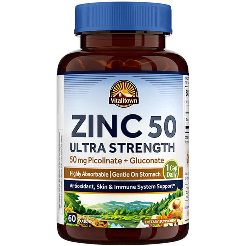 Vitalitown Chelated Zinc 50 mg, Zinc Picolinate & Gluconate, 60 Veggie Capsules, Well-Absorbed, Immune System, Healthy Skin & Development, Vegan, NO Gluten, Non-GMO 60 Count (Pack of 1)