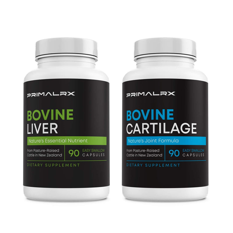 Beef Liver & Beef Cartilage Supplement Bundle, Grass Fed Freeze-Dried Organ Capsules with Heme Iron, Vitamin A, B12, Type II Collagen, Glucosamine, Chondroitin & Joint Support, 2 x 90 Count
