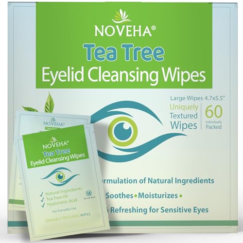 NOVEHA 60PCs Tea Tree Oil Eyelid & Lash Wipes | With Hyaluronic Acid, Green Tea & Chamomile For Blepharitis, Itchy & Stye Eyes, Individually Wrapped, Natural Eyelash Makeup Remover & Daily Cleanser 60 Count (Pack of 1)
