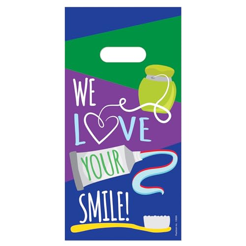 Practicon We Love Your Smile 6" x 12" dental bag, dental hygiene patient care goodie bag, dentist office plastic gift bags, 100 pack 6" x 12"