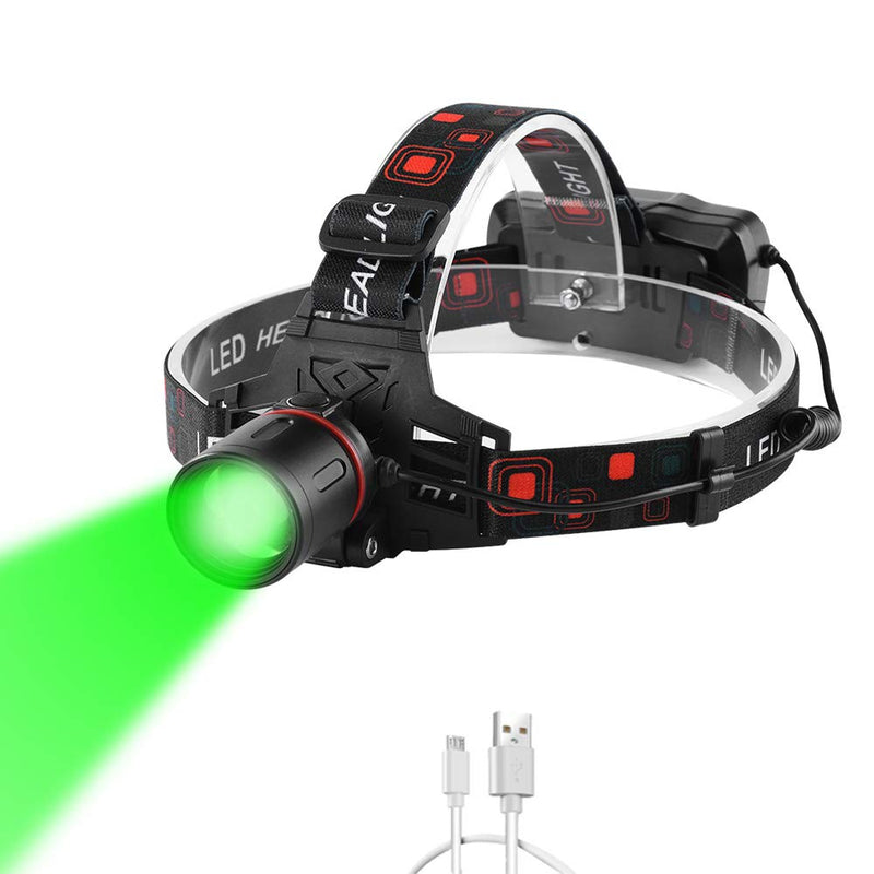 Headlamp Green Light for Hunting Coon Coyotes Hog Predator, PROFORUS 1000 Lumens XML-T6 Headlamp Green LED Rechargeable & Zoomable Green Head Light Waterproof 3 Modes for Night Vision and Hunting