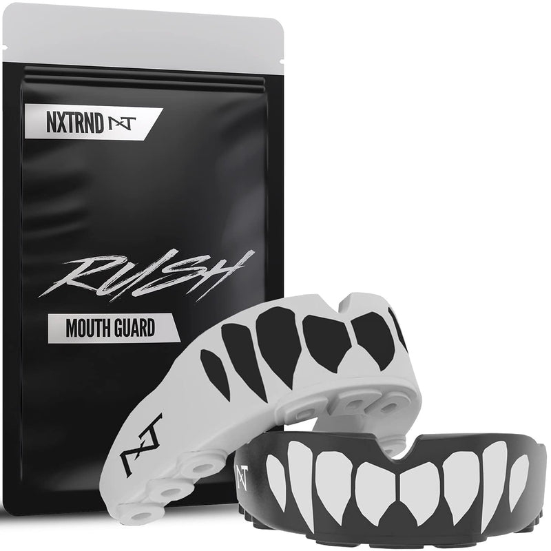 2 Pack Nxtrnd Rush Mouth Guard Sports, Professional Mouthguards for Boxing, Jiu Jitsu, MMA, Wrestling, Football, Lacrosse, and All Sports, Fits Adults, Youth, and Kids 11+ (B&W Fang) Black & White Fangs - BeesActive Australia
