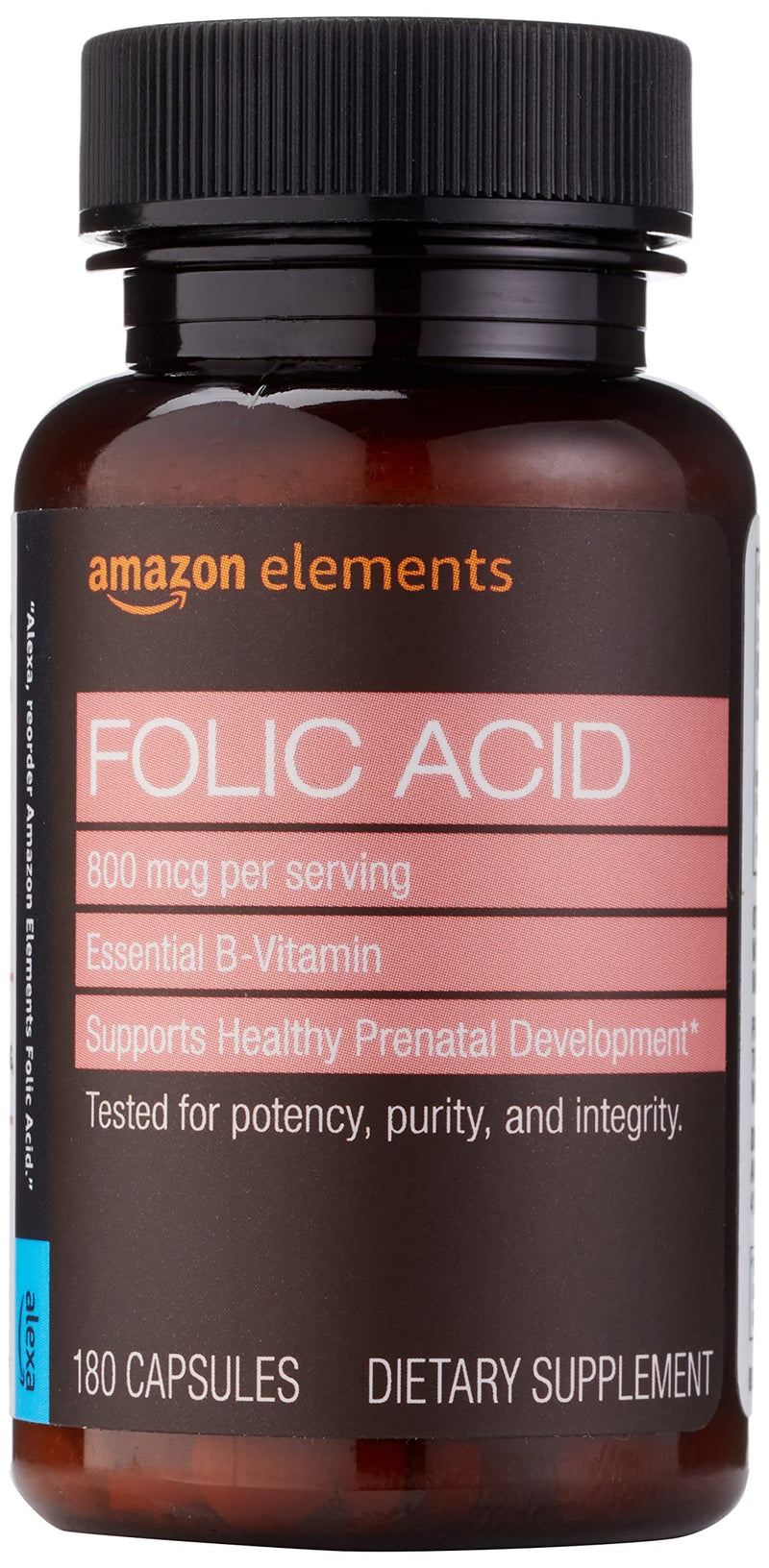 Amazon Elements - Folic Acid, 800 mcg per serving, Tablet, 180 Count, Pack of 1, Women's Dietary Supplement for Healthy Prenatal Development, 6 Months of Supply 180 Count (Pack of 1)