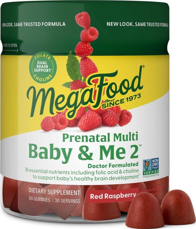 MegaFood Baby & Me 2 Prenatal Gummies, 18 Nutrients, Red Raspberry, 60 Ct | Doctor Formulated with Folic Acid and Choline for Baby's Brain Development, Plus Real Fruit, Non-GMO, Vegetarian, 30 Servings 60 Count (Pack of 1)