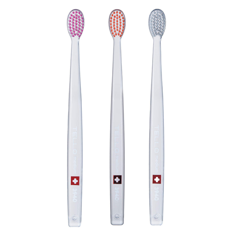 TELLO 3940 Adult Medium Swiss Toothbrush for Gentle Cleaning with Ergonomic Handle, 3 Count 3 Count (Pack of 1) - BeesActive Australia