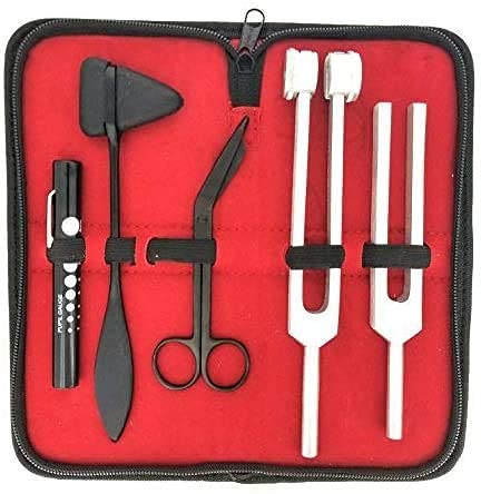 SurgicalOnline Percussion Taylor Reflex Hammer + C 128 & C 512 Tuning Forks + Bandage Scissors + Pupil Gauge Pen Light in Carrying Case - 6-Piece Set (Black)