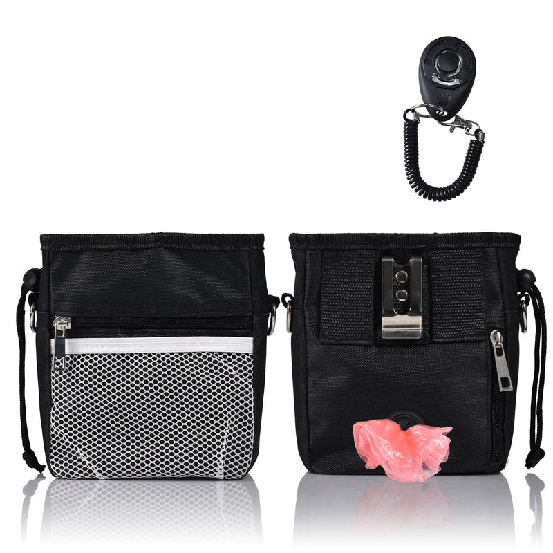 Dog Treat Pouch & Training Clicker - Waterproof Bag with Multiple Pockets, Adjustable Belt, Built-in Poop Dispenser & Hands-Free Carrying - Ideal for Walking, Outdoor Activities - Black Black(1 Pack) - BeesActive Australia
