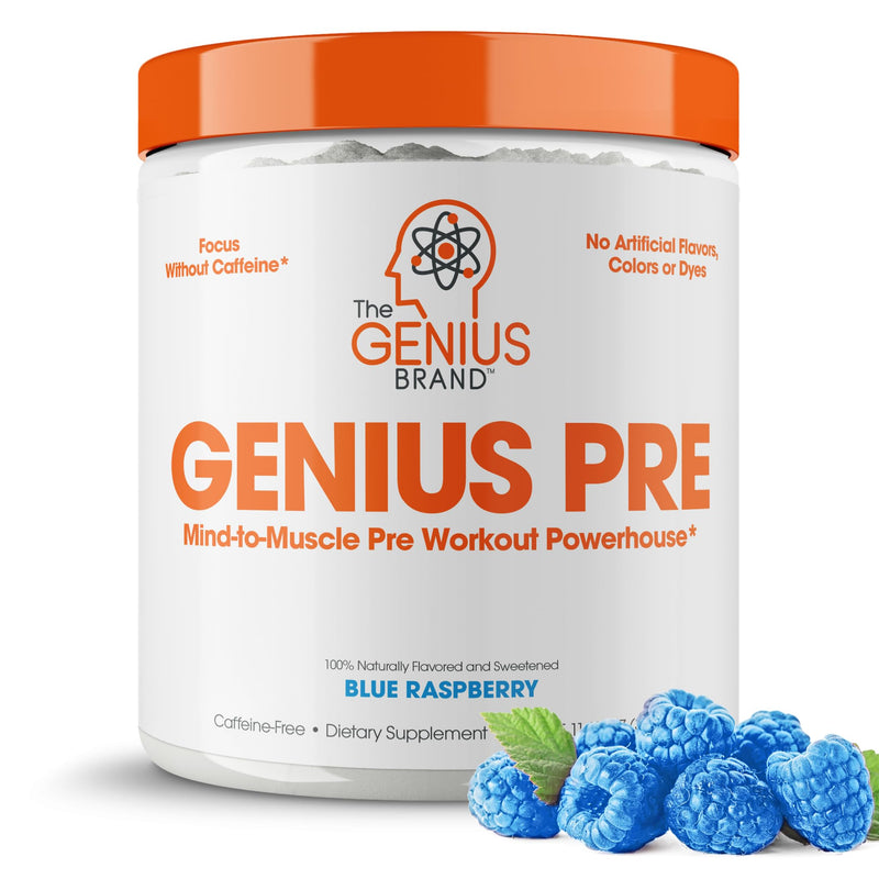Genius Pre Workout Powder, Blue Raspberry - All-Natural Nootropic Pre-workout & Caffeine-Free Nitric Oxide Booster Supplement with Beta Alanine & Alpha GPC - No Artificial Flavors, Sweeteners, or Dyes - BeesActive Australia