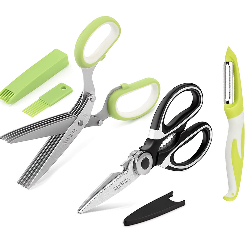 SASACIA 5-Blade Herb Scissors & Kitchen Shears with Fruit Peeler - Complete Set for Fresh Herbs, Meat, Vegetables & Fruit - Easy to Clean, Heavy Duty, Stainless Steel. Black and Green - BeesActive Australia