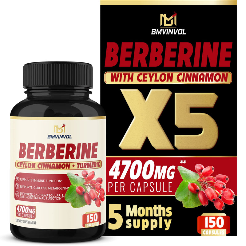Berberine Supplement 4700mg - 5 Months Supply - High Potency with Ceylon Cinnamon, Turmeric - Supports Immune System, Cardiovascular & Gastrointestinal Function - Berberine HCl Supplement Pills - BeesActive Australia