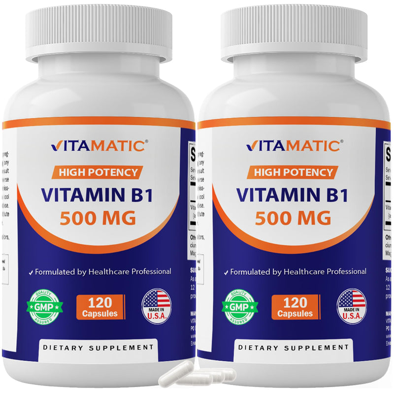 Vitamatic Vitamin B1 500 mg (Thiamine Mononitrate), 120 Capsules (2 Pack) | High Potency B1, Supports Nervous System Health and Energy Metabolism*, NonGMO, Gluten Free, Made in USA 60 Count (Pack of 2)