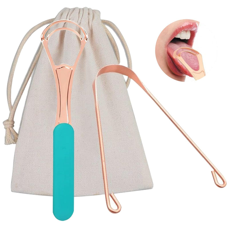 2Pcs Copper Tongue Scraper, Tongue Cleaner Set for Adults Kids, Stainless steel Wide Double Blades Oral Tongue Brush Cleaning Scrapping Sweeper for Fresh Breath and Mouth Hygiene Care with Travel Bag - BeesActive Australia