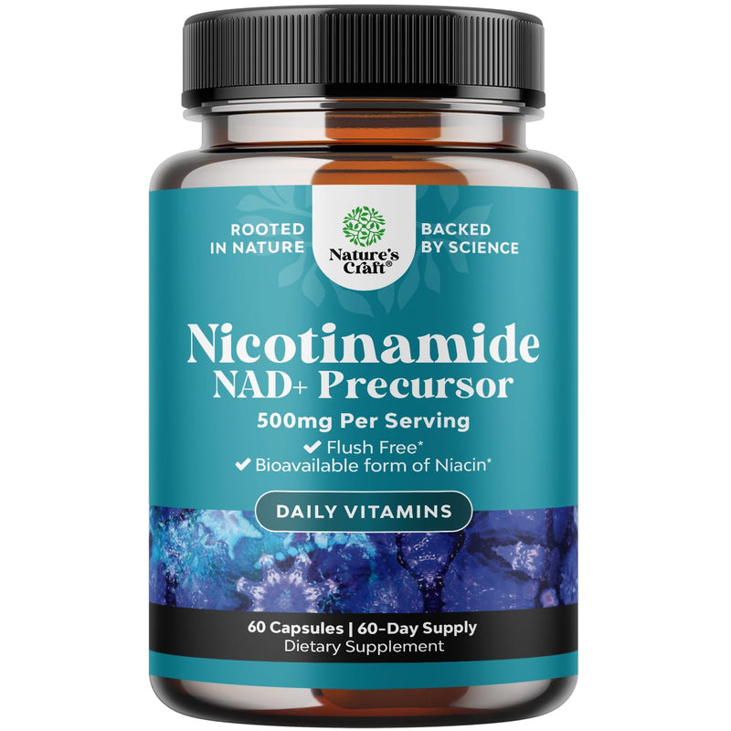 Vitamin B3 Niacinamide 500mg Capsules - Mitochondrial Energy and Potent Skin Supplement - Vitamin B3 Niacin Flush Free and Nicotinamide 500mg - Flush Free Niacin Supplement - 60 Count 60 Count (Pack of 1)