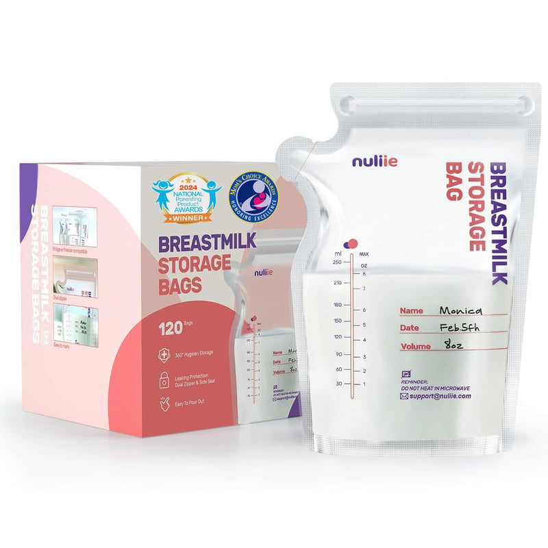 Nuliie 120 Pcs Breastmilk Storage Bags, 8 OZ Breast Milk Storing Bags, BPA-Free, Milk Storage Bags with Pour Spout for Breastfeeding, Self-Standing Bag, Space Saving Flat Profile 120 Count (Pack of 1) - BeesActive Australia