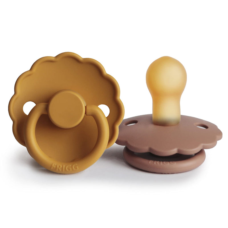FRIGG Daisy Natural Rubber Baby Pacifier | Made in Denmark | BPA-Free (Rose Gold/Honey Gold, 0-6 Months) 2-Pack - BeesActive Australia
