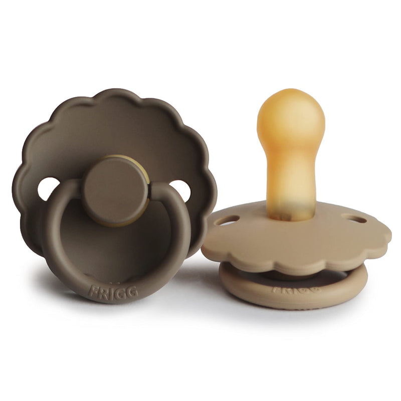 FRIGG Daisy Natural Rubber Baby Pacifier | Made in Denmark | BPA-Free (Croissant/Portobello, 6-18 Months) 2-Pack - BeesActive Australia