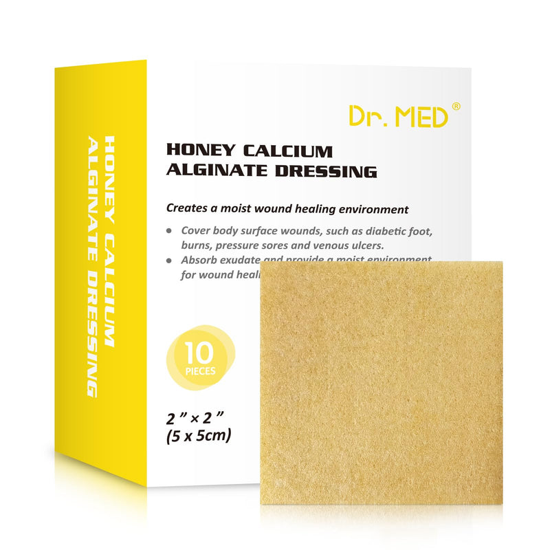 Dr. Med Manuka Honey Calcium Alginate Dressing 2"x2" (10 PCS/Box), Highly Absorbent dressings with Honey for Abrasions, Burns, Diabetic Foot, Pressure Sores and Venous Ulcers Faster Wound Care Manuka Honey Pads 2" x 2" - 10 Pcs/Box
