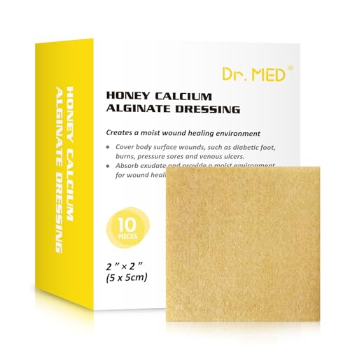 Dr. Med Manuka Honey Calcium Alginate Dressing 2"x2" (10 PCS/Box), Highly Absorbent dressings with Honey for Abrasions, Burns, Diabetic Foot, Pressure Sores and Venous Ulcers Faster Wound Care 2"x2" (10 Pack/Box)