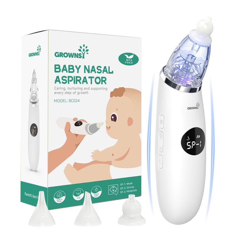 GROWNSY Nasal Aspirator for Baby | Baby Nose Sucker | Electric Nose Suction for Toddler, Ergonomic Booger Sucker with 3 Silicone Tips, Music & Light Soothing Function(White) White - BeesActive Australia
