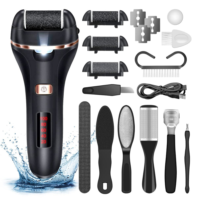 AdamPark Electric Callus Remover for Feet,Rechargeable Foot File Hard Skin Remover,Waterproof 14 in1 Professional Pedicure Kit for Cracked Heels &Dead Skin,with 3 Roller Heads 2 Speed(Black J8) Black J8 - BeesActive Australia